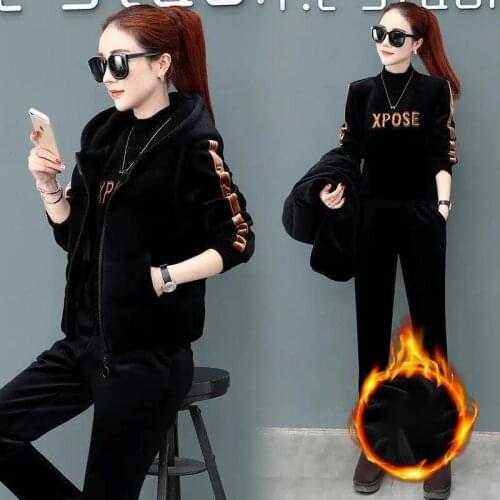 3 Piece Set Women Suit Tracksuit Thicken Hoodies+Vest+Pants Casual Suit Plus Velvet Warm Sporting Womens Suits Female Clothes