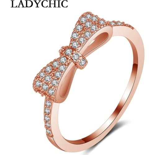 LADYCHIC Fashion Crystal Cubic Zircon Bowknot Ring for Women Romantic Engagement Party Birthday Festival Gift Wholesale LR1007