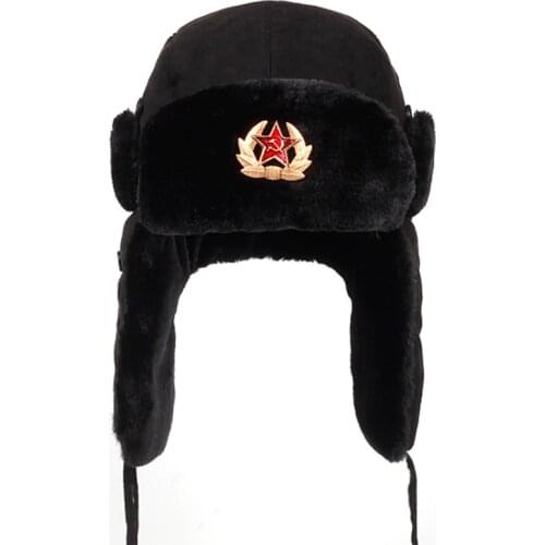 2019Warm in autumn and winter Soviet Army Military Badge Russia Bomber Hats Pilot Trapper Aviator Caps