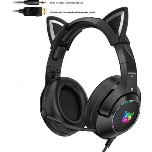 3.5mm Wired RGB Headset Gamer Blcak Pink Cat Ear Cute Headset For Phone PC With HD Microphone Overear For Gaming Phone Gamer