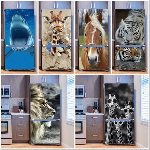 3D Animals Wallpaper For Fridge Lion Shark Giraffe Poster Single Duplex Door Refrigerator Mural Self Adhesive Freezer DIY Decal