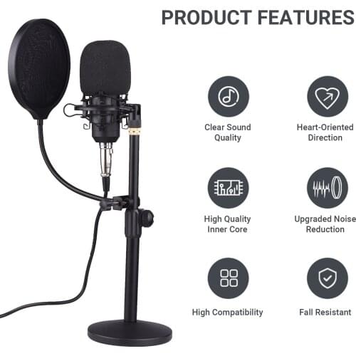 Ammoon Professional Desktop Condenser Microphone & Flat Head High Sampling Rate Monitoring Function Plug-And-Play Capacitor Mic