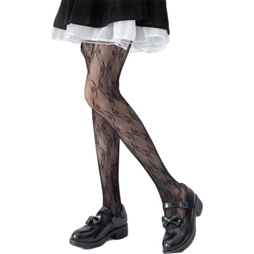 Women Girls Hollow Out Lace Fishnet Pantyhose Sweet Bowknot Patterned Jacquard Stretch Tights Gothic Japanese Lolita Kawaii Mesh