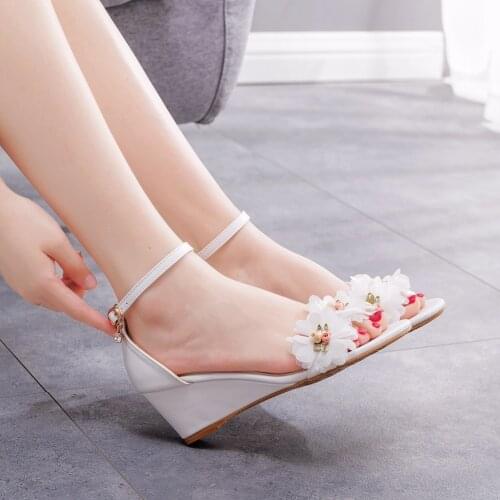 Crystal Queen Women Summer Shoes White Lace Flower Wedges Ankle Strap High Heels Sandals