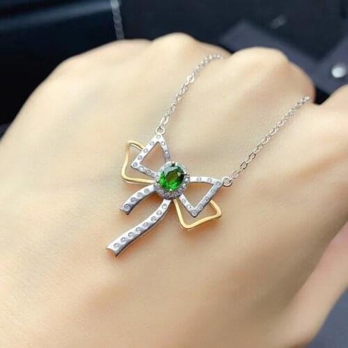 Elegant Silver Bow Tie Pendant with Gemstone 5mm*7mm Natural Chrome Diopside Pendant Fashion Diopside Silver Necklace Pendant