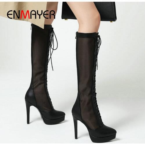 ENMAYER Fashion Lace-Up Round Toe Thin Heels Basic Round Toe Knee High Boots 2020 Women Shoes Patchwork Women Boots Size 34-43