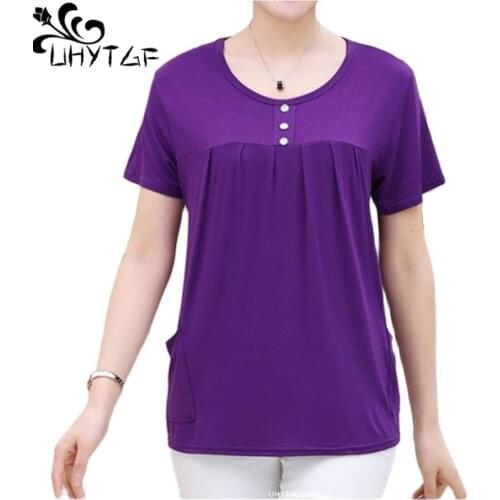 UHYTGF Middle-Aged Women T-Shirt O Neck Short Sleeve Casual Mother Summer T-Shirt Elastic Cotton Thin Plus Size Tops Blouses2161
