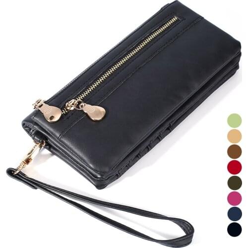 Hot Selling Women Fashion Vintage Double Zipper Dull Polish Leather Long Wallet Handbag