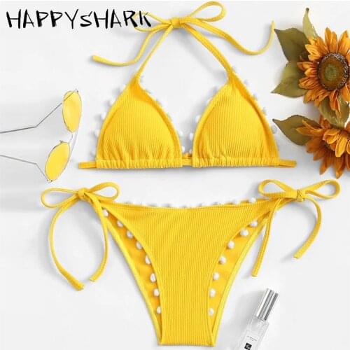 HAPPYSHARK Sexy Pompon Bikinis 2019 New Yellow Swimsuit Brazilian String Biquinis White Girls Summer Swimwear Maillot De Bain