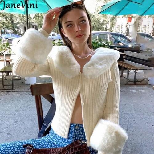 JaneVini Fashion Fur Collar Cuff Women Cardigans Autumn Winter V Neck Long Sleeve Knitted Sweaters Female Button Knitwear Tops
