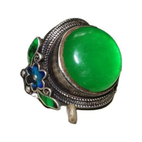 Chinese Old Craft Made Old Tibetan Silver Inlaid Green Jade Silver Ring