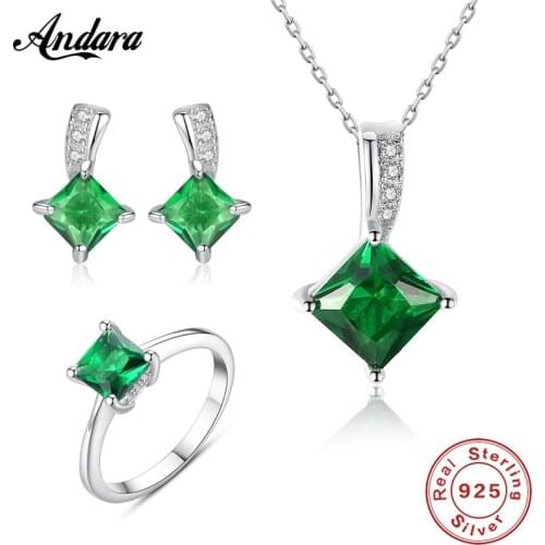 100% 925 Sterling Silver Jewelry Set Fashion Square Green Gem stone Necklace Earrings Rings Sets for Women Luxury Jewelry