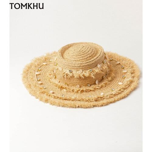 Summer Concave Top Quality Raffia Handmade Sun Hats Shell Decoration Big Brim Fashion Beach Hats For Women European American New