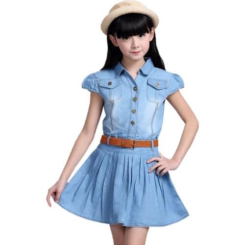 Girls Summer Denim Clothing for Big Kids with Belt Dress Child Girl Dress Clothing Outfit