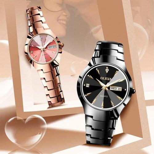 Fashion Couple Watches Pair Man And Woman Tungsten steel Wristwatches For lovers Waterproof Quartz Date Reloj Mujer Hombre