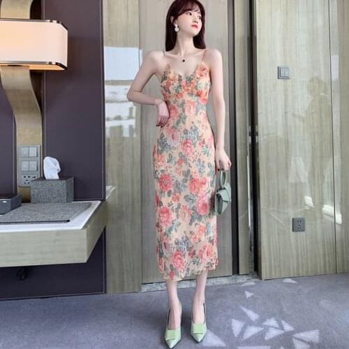 New arrival fashion summer long beach dress women OL temperament elegant sexy strap chiffon print floral slim holiday dress