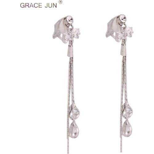 GRACE JUN New Arrival AAA CZ Bowknot Shape Clip on Earrings Non Pierced Fashion Long Tassel Charm Pierced Earrings Bijouterie