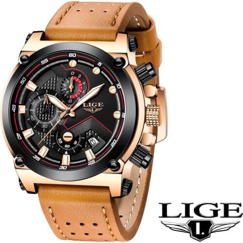 LIGE New Mens Sport Watch, Equipped With Top Quality Leather Quartz Waterproof Watches For Men Casual Chronograph Military Watch