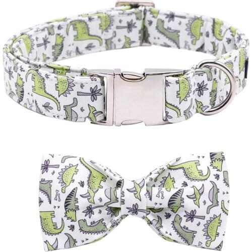 Green Dinosaur Cotton Fabric Dog Collar and Leash Set with Bow Tie for Big and Small Dog Metal Buckle Pet Accessories