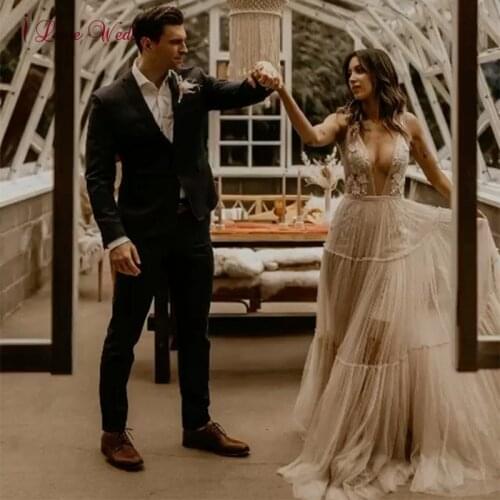 Boho Beach Wedding Dress A-Line Backless Plunge V Neck 3D Flowers Bride Dresses Princess Floor Length Wedding Gowns 2021