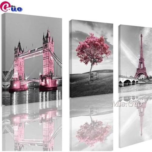Full Square/Round 5D DIY Diamond Painting Triptych Diamond Embroidery Kits Mosaic Pink Bridge Tower Landscape Home Decoration