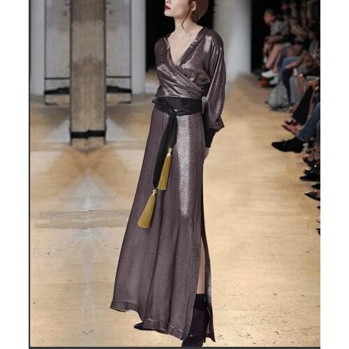 Bling Brown Winter Dress With Long Sleeves Women Vintage Long Dress Elegant V-Neck Dresses Vestidos SO2279