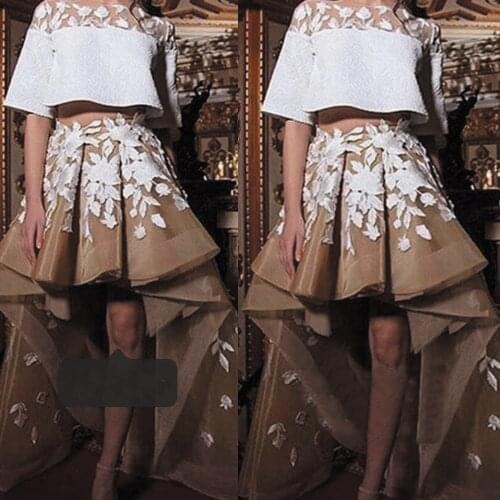 SuperKimJo Vestidos De Fiesta De Noche Champagne High Low Prom Dresses Lace Applique Tiered Elegant Arabic Prom Gown