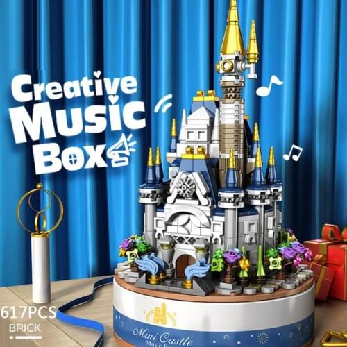 Disney world park Rotating music box building block Disneyland mini Fairy tale princess castle model assemble brick toy for gift