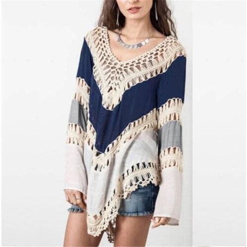 Boho Casual Loose V-Neck Loose Hollow out Blouse Beach Style Fashion Women Top