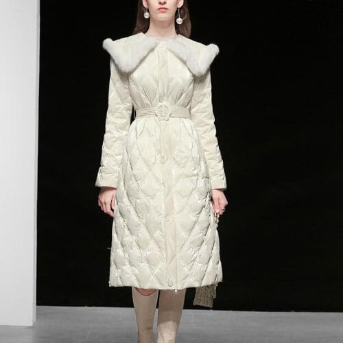 Women Winter Rhombus Down Parkas Coat Big Collar Thicken Puffer Coat Warm White and Black Jacket and Coats