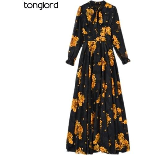 Women Floral Print Dresses With Lining 2021 Autumn Long Sleeve Female Bow Collar Chiffon Maxi Dress Mujer Vestidos Plus Size 4XL