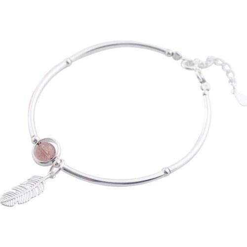 Peach Blossom Strawberry Quartz Pink Crystal Beads Feather Charm Bangles S925 Sterling Silver Bracelet For Lady Women Jewelry