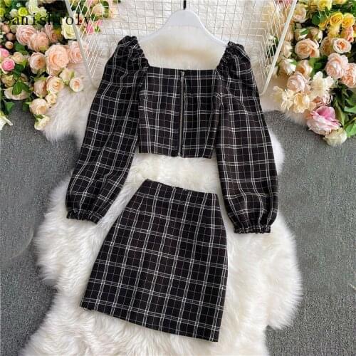 Two Piece Set Autumn Womens Plaid Suit Long Sleeve Square Collar Plaid Short Shirt Female High Waist A-Line Skirt Suits SE1137