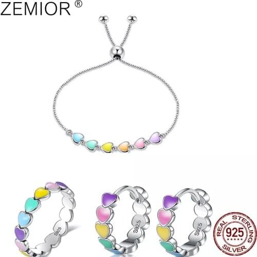 ZEMIOR S925 Sterling Silver For Women Rainbow Series Heart Shape Bracelet Rarrings Rings Jewelry Set Fine Valentine Day Gift