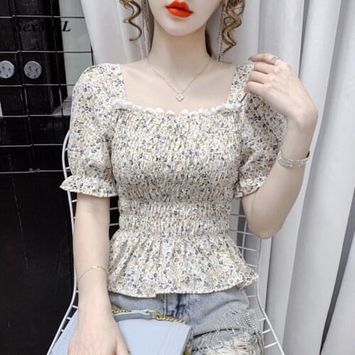 Summer Corset Top Blouse Women 2021 Elegant Fashion Floral Print Vintage Gothic Blouses Slim Sexy Ladies Puff Sleeve Crop Tops