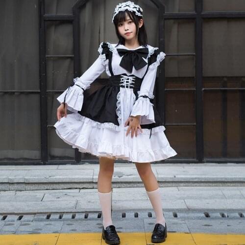 Women Maid Outfit Anime Sexy Black White Apron Dress Sweet Gothic Lolita Dresses Cosplay Costume Party Dress Halloween Costumes