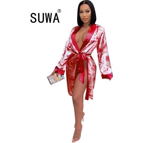 Multi Color Dollar Print Top Sexy Night Club Party Loose Long Sleeve Sashes Ladies Coat Deep V-Neck Knee-Length Unique Outerwear