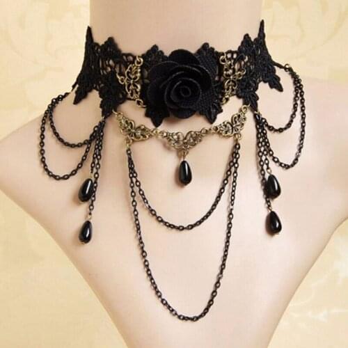 1PC Nice Women Black Fabric Rose Flower Beads Pendant Choker Lace Necklace Gothic Jewelry False Collar Statement Necklace