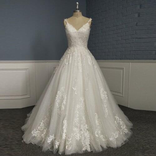 Glitter Tulle A Line Wedding Dress V Neck Straps Open Back Lace Appliques Bling Bling Bridal Gown