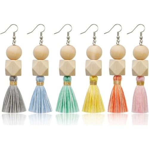 Bohemian Wood Tassel Hook Earrrings Natural Wooden Beaded Drop Earrings Summer Women Dangle Earrings Fashion Jewelry X4YA