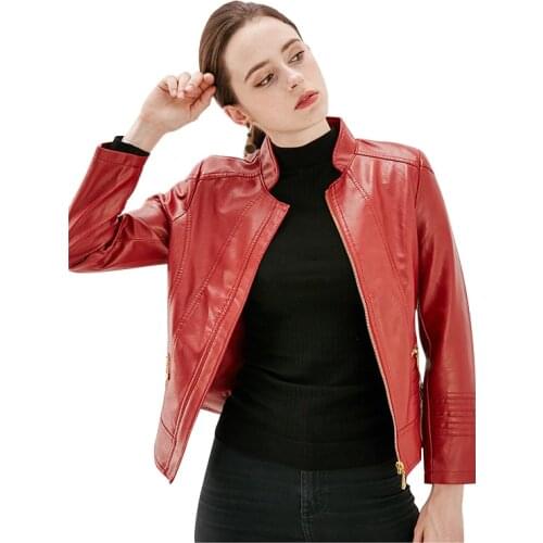 PU Leather Jacket Women Stand Neck Zipper Long Sleeve Coats Women 21 Autumn Motorcycle Style Plus Size Jackets Female LD1734