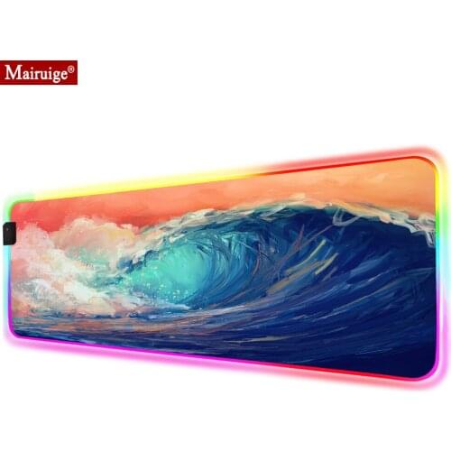 Colorful Ocean Wave Painting Large Led Mousepad RGB Glow Geme Mouse Pad 90x40cm Gamer Pc Compute Desk Mat for Laptop Table Pads