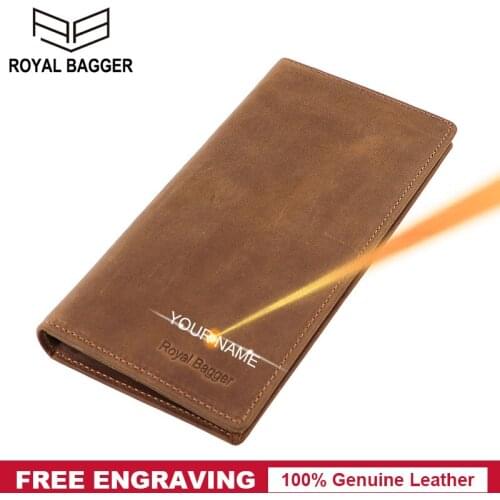 Royal Bagger Long Wallets for Men Crazy Horse Leather Man Retro Fashion Phone Purse Card Holder Business Clutch Pocket Wallet