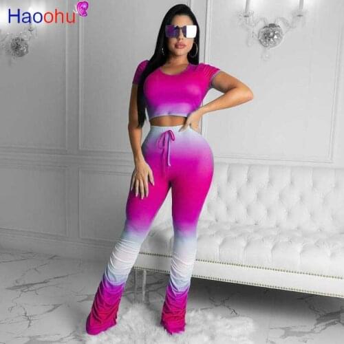 HAOOHU Gradient Women Set Two Pieces Sets Tracksuits T-shirt Flare Stacked Jogger Sweatpants Suit Fitness Outfits Matching Set