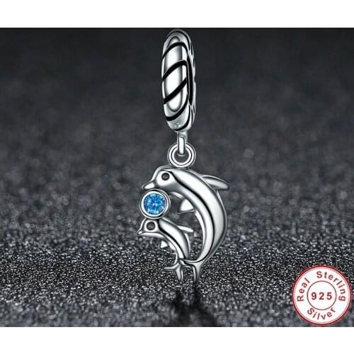 INBEAUT 100% Real 925 Pure Silver Little Cute Blue Zircon Stone Dolphin Shaped Charm fit S925 Bracelet Women Beads Jewelry