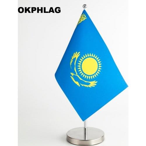 Kazakhstan Office table Flag with Stainless flagpole base country banners desk flag 14*21CM T style Y style Single style KS-0072