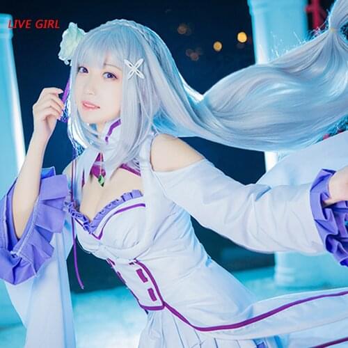 Liva girl Anime Re Zero kara Hajimeru Isekai Seikatsu Emilia Cosplay Costume Dress+Socks+Shoes+Coak