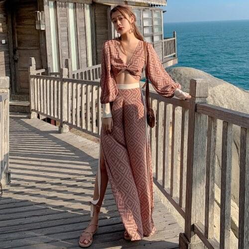 New Summer European 2 Piece Set Women Sexy Deep V Neck Criss-Cross Shirt Top + Split Loose Wide Leg Pants Beach Holiday Suit