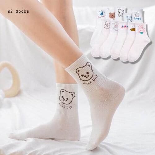 New Kawaii White Cartoon Bear Rabbit Tube Socks Cotton Japanese Harajuku Funny Soft Fashion Happy Cute Casual Girls Women Socks