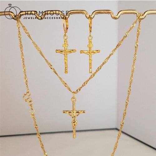 24k Yellow Gold Color Jewelry Set For Women Cross Pendant Necklace Earrings 2 pcs Vintage Jewelry Set Accessories Party Gifts